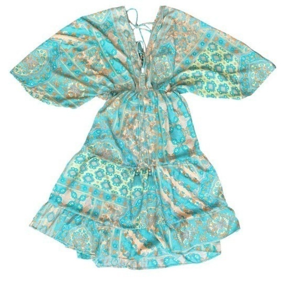Silk Blend Plunging Mini Dress Aqua Paisley Kimono OS Boho Miami 2026 Collection